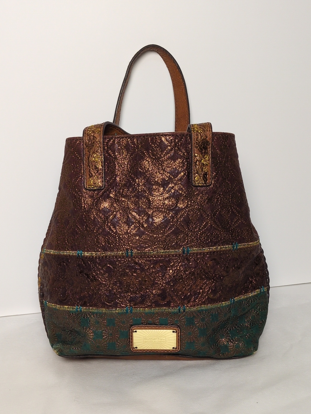 Butterfly by Matthew Williamson Leather Tote Bag Metallic Embossed Boho Tassels